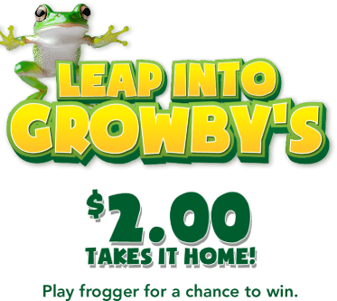 Leap into Growbys's. $2.00 takes it home! Play frogger for a chance to win.